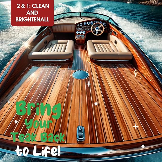Teak Cleaner and Brightener Kit - Teak cleaner for wood outdoor furniture. Ideal for Boats, Decks, Patio & Fine Wood Furniture ｜Marine-Grade Teak Cleaner