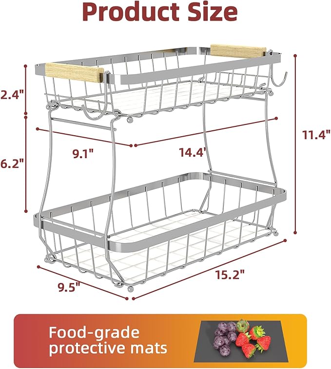 2 Tier Large Fruit Basket for Kitchen Counter with 2 Mobile Banana Hangers, 2026 Pro Detachable Metal Fruit Bowl with Wooden Handle (Silver, 2 Tier Extra Large)