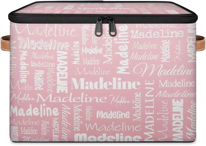 Custom Storage Basket with Name, Personalized Keepsake Box with Zipper Lid, Foldable Fabric Memory Bin Large capacity with Handle Pink