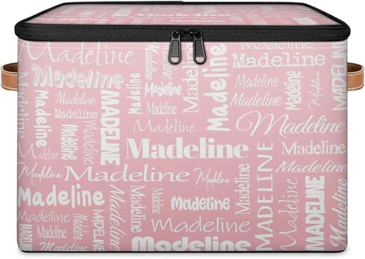 Custom Storage Basket with Name, Personalized Keepsake Box with Zipper Lid, Foldable Fabric Memory Bin Large capacity with Handle Pink