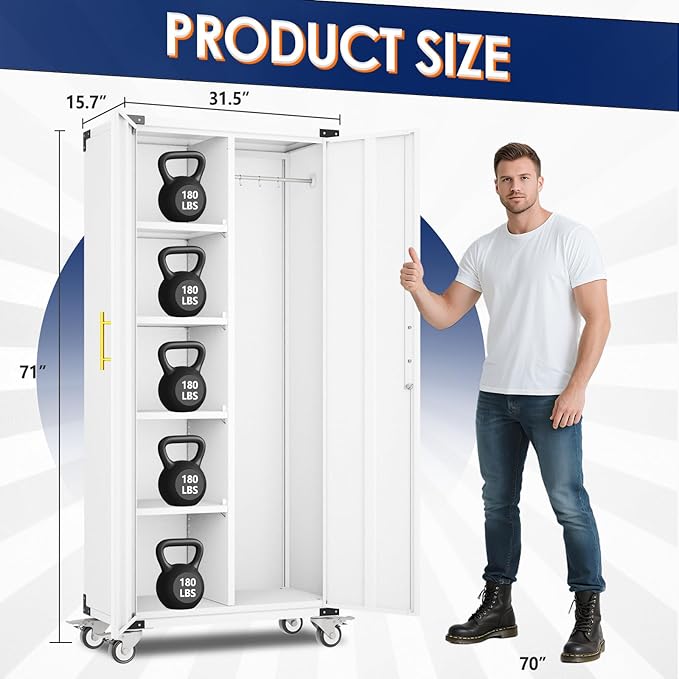 71" Broom Storage Cabinet, Cleaning Tool Storage Cabinet, Garage Utility Storage with Hooks and Hanging Rods, Heavy Duty Garden Tool Organizer, for Home, Garage, Laundry Room, Gym, Workshop
