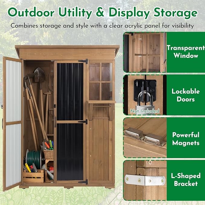 Ketive Outdoor Storage Cabinet, Large Wood & Metal Garden Shed with Foldable Table, Weather-Resistant Asphalt Roof, Lockable Doors & Adjustable Feet for Patio, Backyard, or Garage (47"L x 20"W x 70"H)
