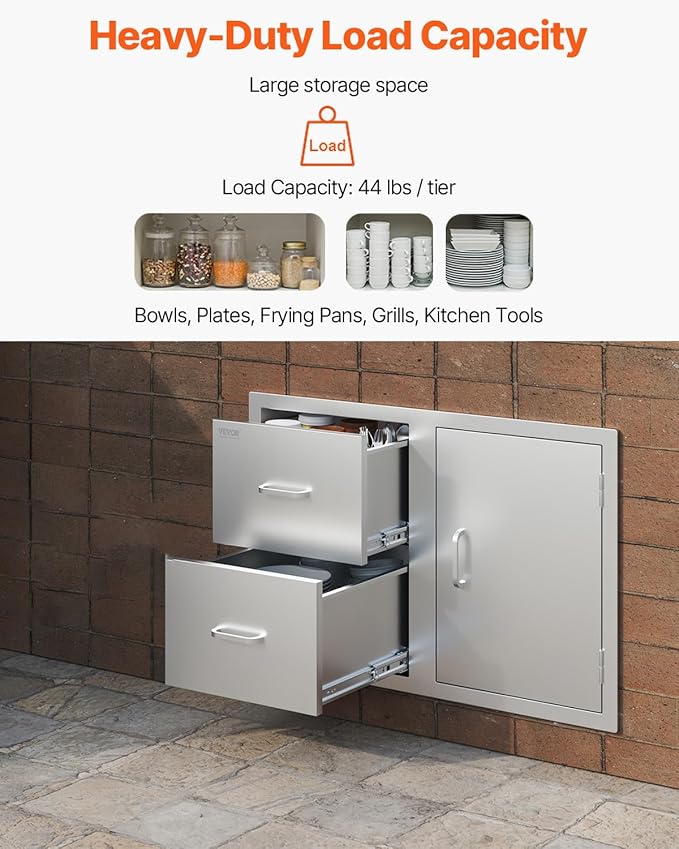 VEVOR Outdoor Kitchen Door Drawer Combo, 32.5"Wx21.7"Hx20.5"D, Access Door Double Drawers with Paper Towel Rack, BBQ Island Drawers with Stainless Steel Handles, 30.7"Wx20"Hx21"D Cutout Size