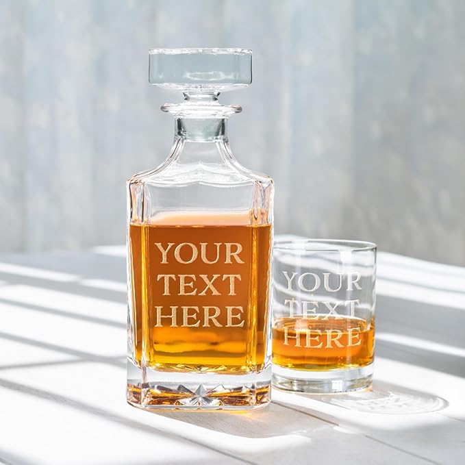 Gifts Inscribed Custom Text Whiskey Decanter & Glasses Set of 2 – Engraved Glass Cups Drinking Glasses Set of 2 – Personalized Whiskey Drinking Set – Customized Whisky Glassware Gift for Him