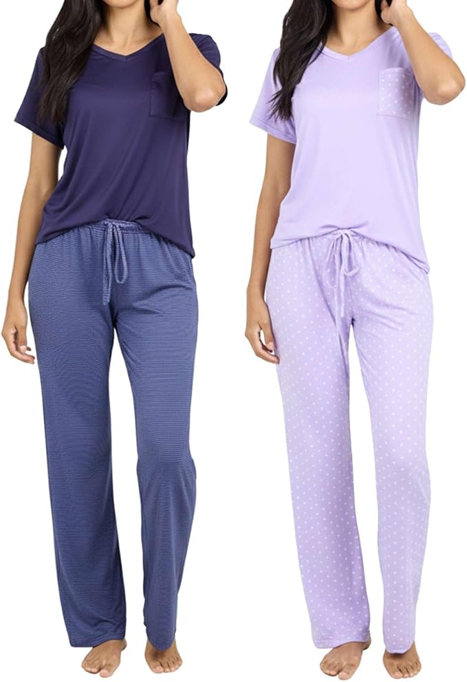 Real Essentials 2 Pack: Women's Comfy Pajama Sets - Short & Long Sleeve Ladies Loungewear Sleepwear PJs (Available In Plus)