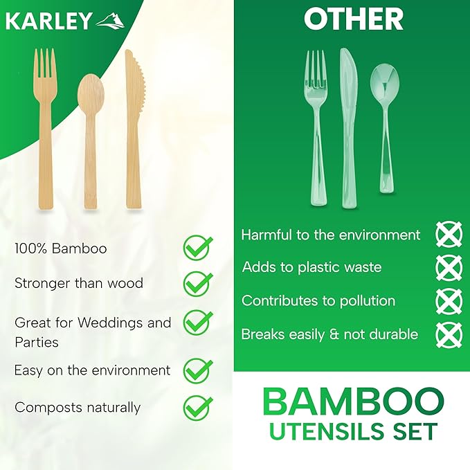 Karley Bamboo Utensils 150Pcs Set – Compostable Cutlery Set for Picnic, Parties – Heavy Duty Disposable Silverware Includes Wooden Spoons for Eating, Forks, Knives – Zero Plastic Disposable Cutlery