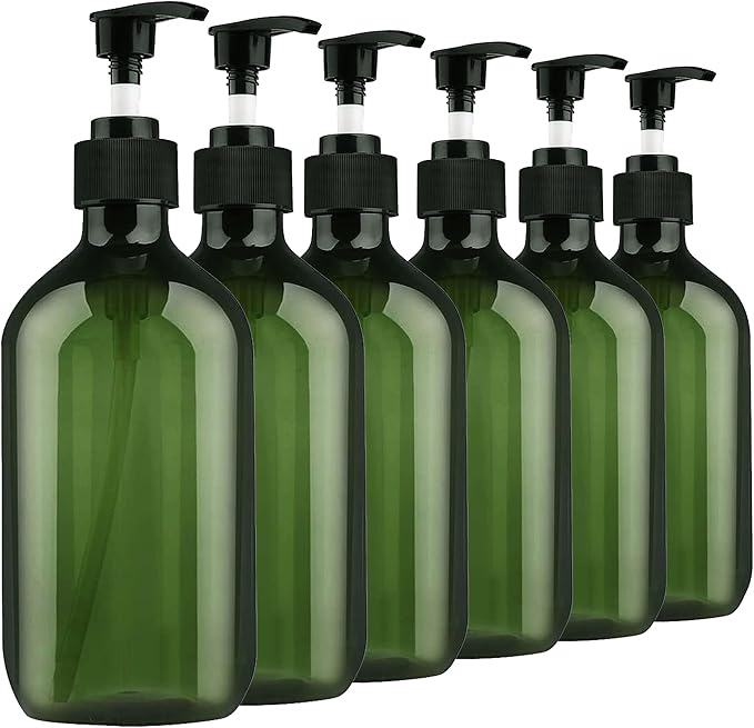 FOOCHY 6 Pack Empty Plastic Bottles with Pump Dispenser and 6pcs Labels Included, Refillable Travel Containers for Hand sanitizer Shampoo Lotion, etc - No BPA/Paraben, 500ml/16.9oz (Green)