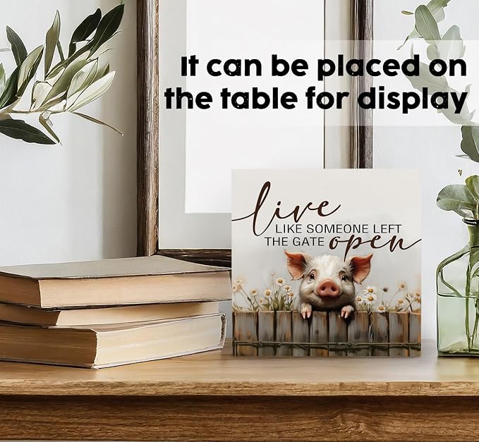 Pig Signs - Farm Cottagecore Animal Office Kitchen Bedroom Decor,Rustic Farmhouse Live like Someone Left the Gate Open Home Decor Wooden Signs,Pig Gifts for Women,8x8