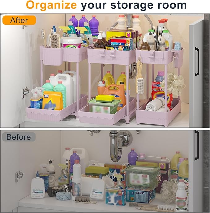 3 Pack Under Sink Organizers, 2-Tier Multi-Use Kitchen and Bathroom Organizers and Storage with Sliding Drawers, Bathroom Cabinet Organizer (Pink, 12.8 Inch)