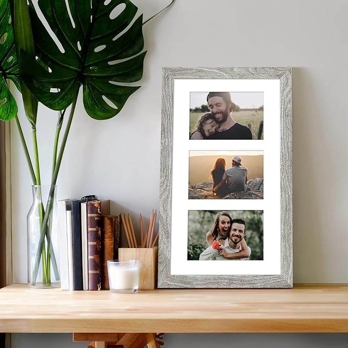 8x14 Collage frame with 3 Openings 4X6 Pictures, Multiple Picture Frame with Mat, Wall or Tabletop Decor, Grey Wood Grain,2 Pack