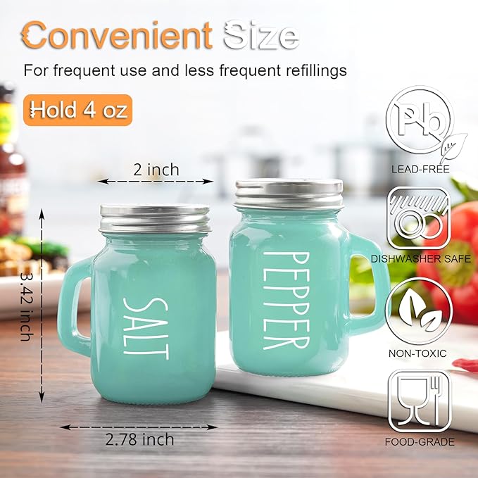 Turquoise Salt and Pepper Shakers Set - Teal Kitchen Decor and Accessories for Home Restaurants Wedding - Glass Salt and Pepper Set for Cooking Table, RV, BBQ, Easy to Clean & Refill