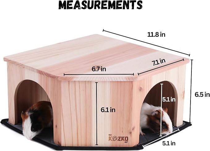 Wooden Guinea Pig Corner Hideout - Hidey for Chinchilla, Rat and Hedgehog with Pee Pad, Fully Assembled & Dual Entrances - Guinea Pig Accessories by The Kozko Hut