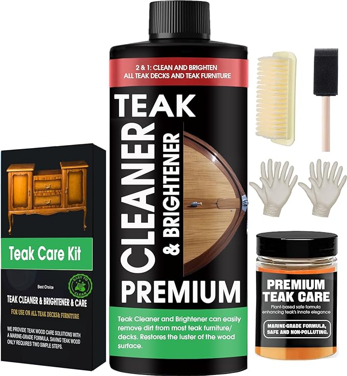 Teak Cleaner and Brightener Kit - Teak cleaner for wood outdoor furniture. Ideal for Boats, Decks, Patio & Fine Wood Furniture ｜Marine-Grade Teak Cleaner