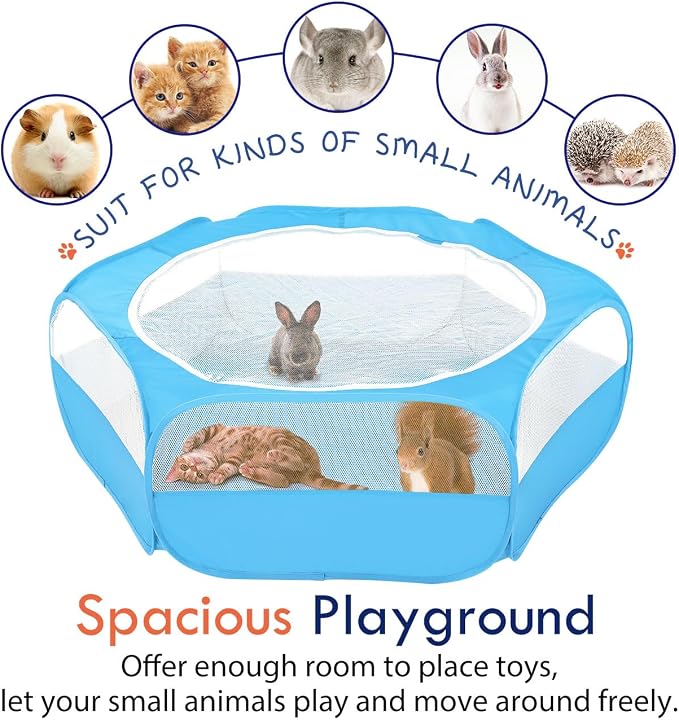 Pawaboo Small Animal Playpen with Zippered Cover,Light Blue | Portable pop-up pet tent for supervised rabbits, guinea pigs, chicks and kittens; water-resistant bottom and 3 metal rods