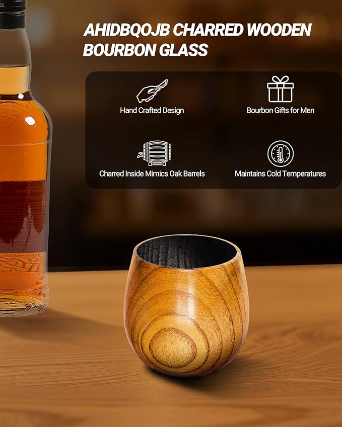 Wooden Bourbon Drinking Glass - Charred Wooden Whiskey Cup - Whiskey Glass for Men - Bourbon Gifts for Men Who Have Everything - Birthday Gifts for Dad Husband Boyfriend or Brother (1 Pack)
