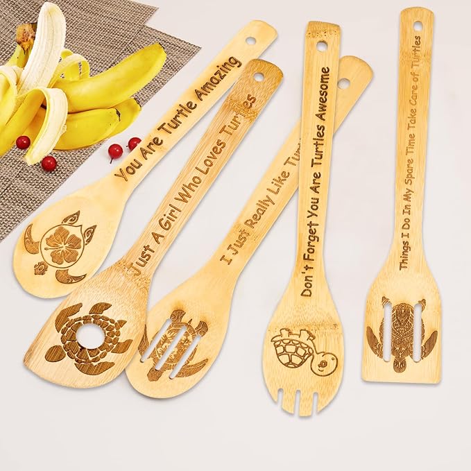 5PCS Turtle Wooden Cooking Spoons Set Bamboo Cooking Spoons | Turtle Kitchen Decor Housewarming Wedding Kitchen Gift Idea Gifts for Women Ocean Lovers