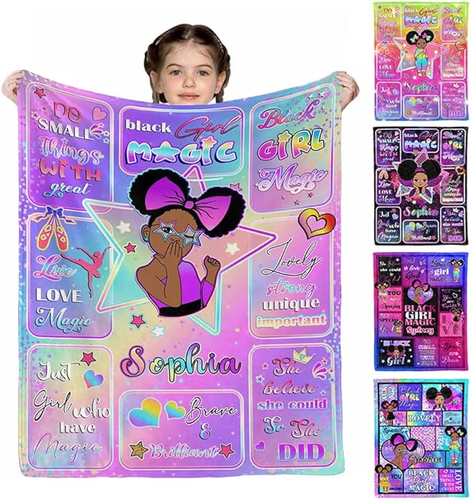 D-Story Personalized Throw Blankets, Custom Blankets with Name American African Girl Blanket Customized Blankets for Kids Adults Women Men Personalized Gifts