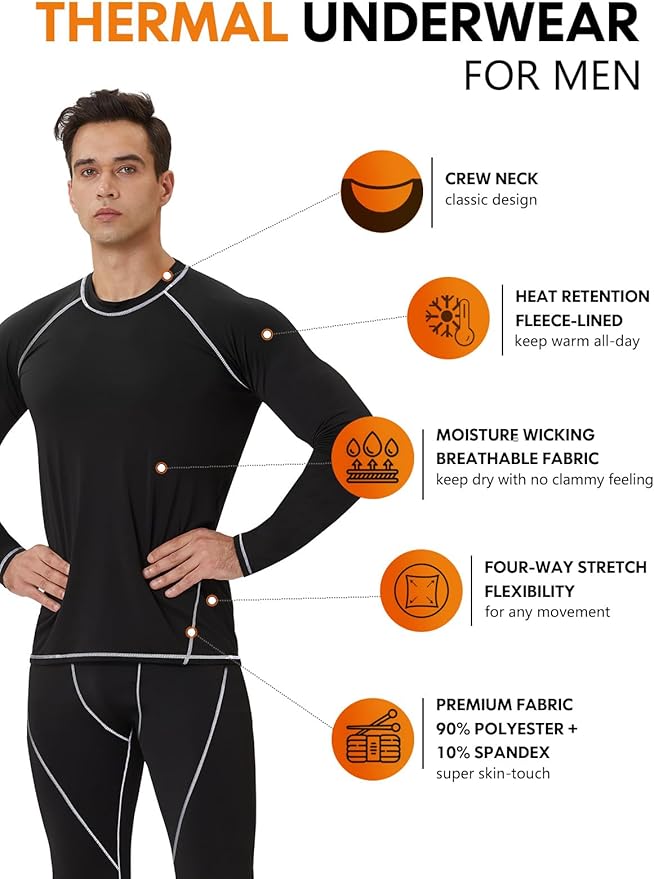 CL convallaria Thermal Underwear for Men Long Johns Fleece Lined Hunting Gear Set Base Layer for Cold Weather XS-4XL