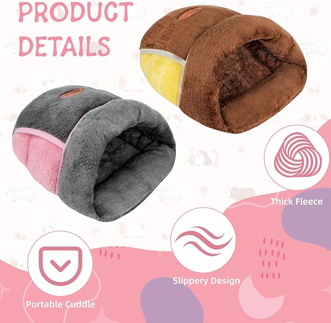 YUEPET 2 Pack Guinea Pig Bed, Slipper Cuddle Sack, Grey & Brown | Guinea Pig House, Portable Guinea Pig Hideout, Soft Coral Fleece Pocket Guinea Bed, Washable Cushion