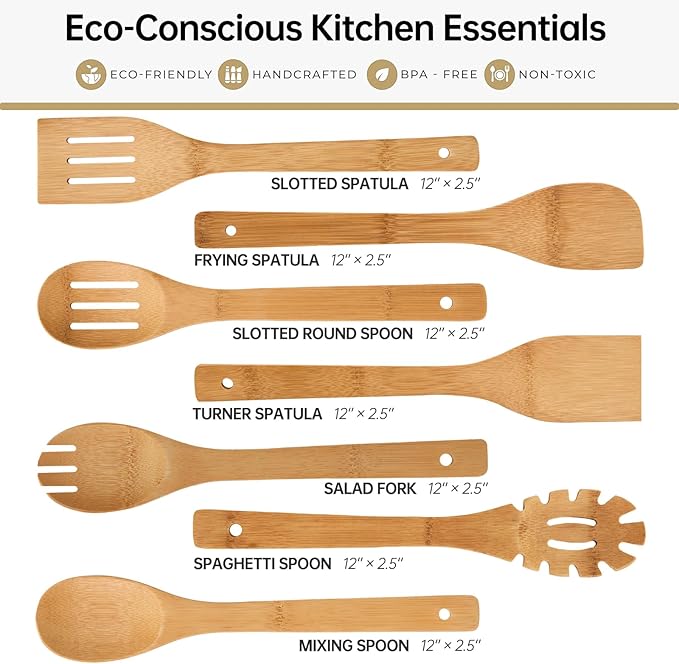 7 Pcs Wooden Spoons for Cooking, Natural Bamboo Utensil Set for Nonstick Pans & Cookware, Non Toxic, Easy Clean, Lightweight & Heat Resistant