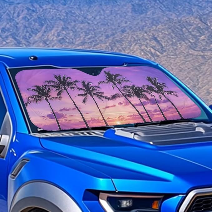 Palm Tree Vehicle Windshield Protecion All Seasons Front Windshield Sun Shade 66.5x34.4inches Offers Ultimate Protection for Cars Interior