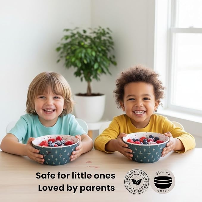 Bamboo Bowl Set of 4 – 6 Inch 20 oz Durable Deep Cereal and Snack Dishware for Kids and Toddlers – BPA Free, Dishwasher Safe, Lightweight Alternative to Plastic or Ceramic (Emerald Design)