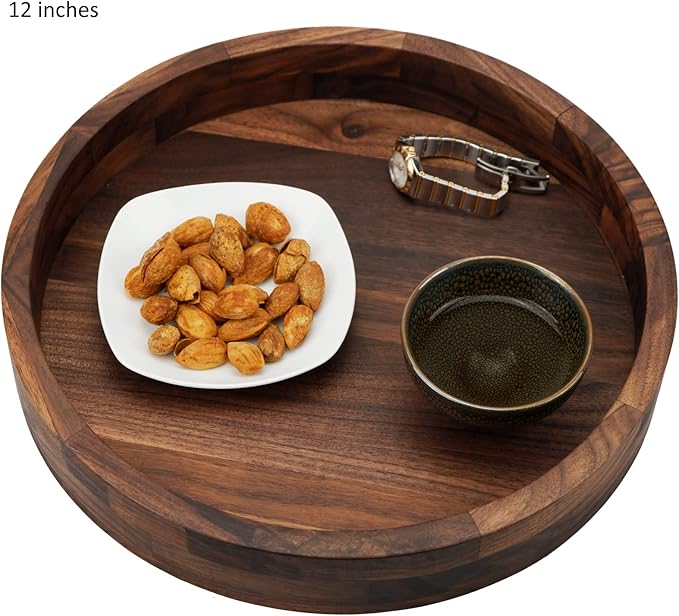 Set of 2 Large Round Black Walnut Wood Ottoman Tray with Handles, Serve Tea, Coffee, Classic Wooden Circular Decorative Serving Tray, 14 &12 inches