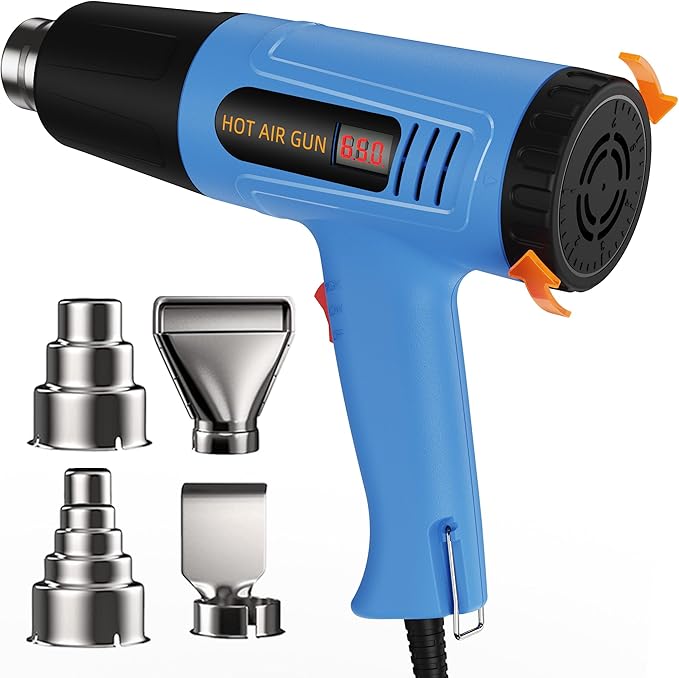Side Digital Display Heat Gun, Quick heating Heat Gun' set, Variable Temperature control 122 ℉~1202 ℉ Overheat protection, With 4 Nozzles, Suitable for Heat shrink tubing and PVC softening