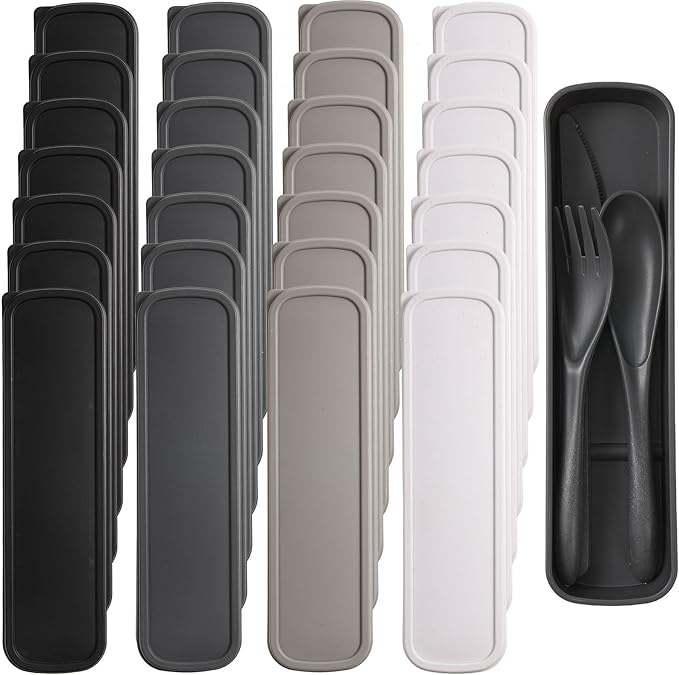 Yahenda 28 Sets Reusable Travel Utensils Set with Case Wheat Straw Cutlery Portable Spoon Knife Fork Tableware Lunch Box Bulk for Adults Travel Picnic Camping Utensils Gifts (Cold Color)