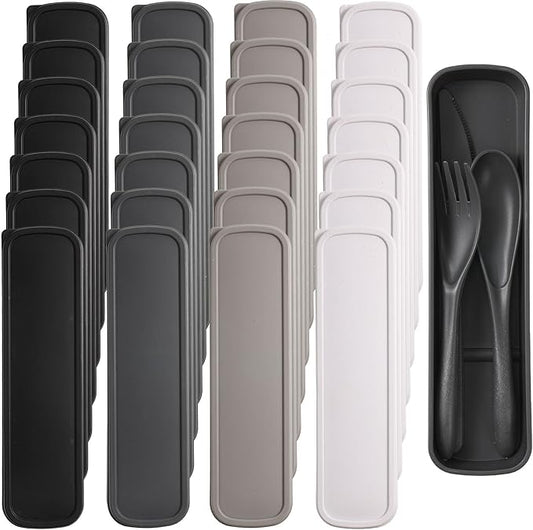 Yahenda 28 Sets Reusable Travel Utensils Set with Case Wheat Straw Cutlery Portable Spoon Knife Fork Tableware Lunch Box Bulk for Adults Travel Picnic Camping Utensils Gifts (Cold Color)