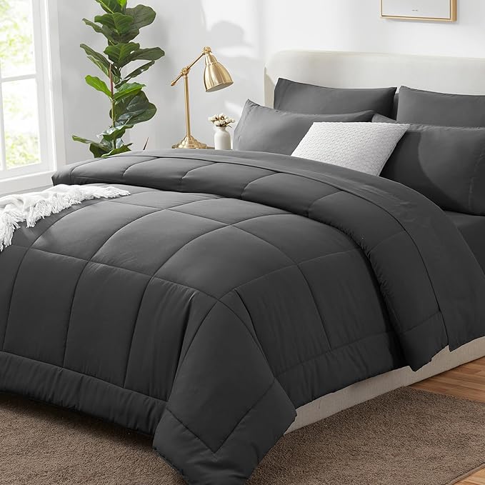 CozyLux Oversized Queen Comforter Sets Dark Grey, 7 Pieces Bed in a Bag, Ultra-Soft All Season Bedding Sets with Stitch Quilted Comforter, Flat Sheet, Fitted Sheet, Pillowcases, Dark Gray