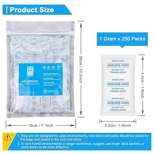 Desiccant Packs, 1 Gram 250 Packs Silica Gel Packets, Premium Color Indicating Moisture Absorbers for Food, Seeds, Jewelry, Electronics Storage