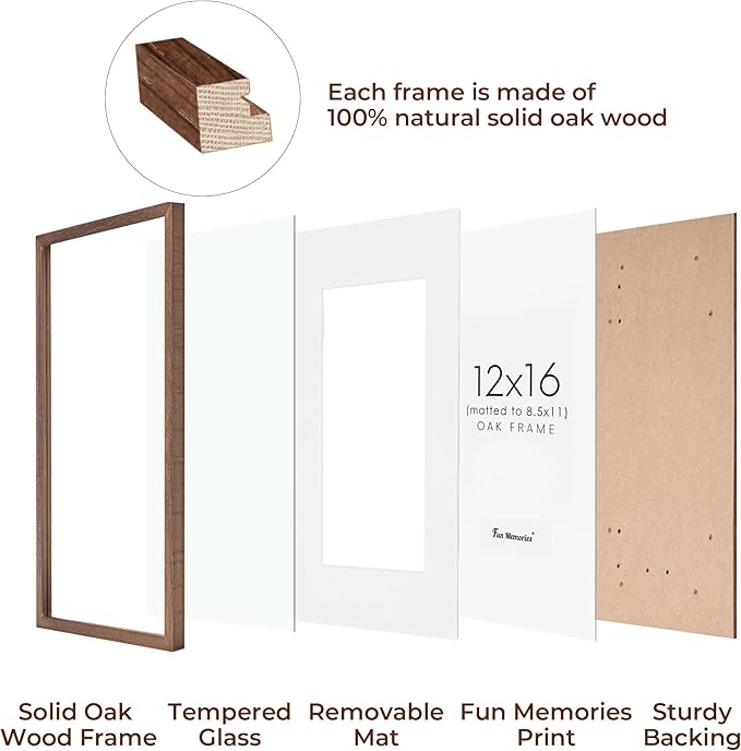 12x16 Picture Frame, Solid Oak Wood 12 x 16 Frame for Wall, 12 by 16 Picture Frames with Real Glass, 12x16 Frame Matted to 8.5x11, Rusitic Wood 12"x16" Poster Frame, Walnut Color, 1 Pack