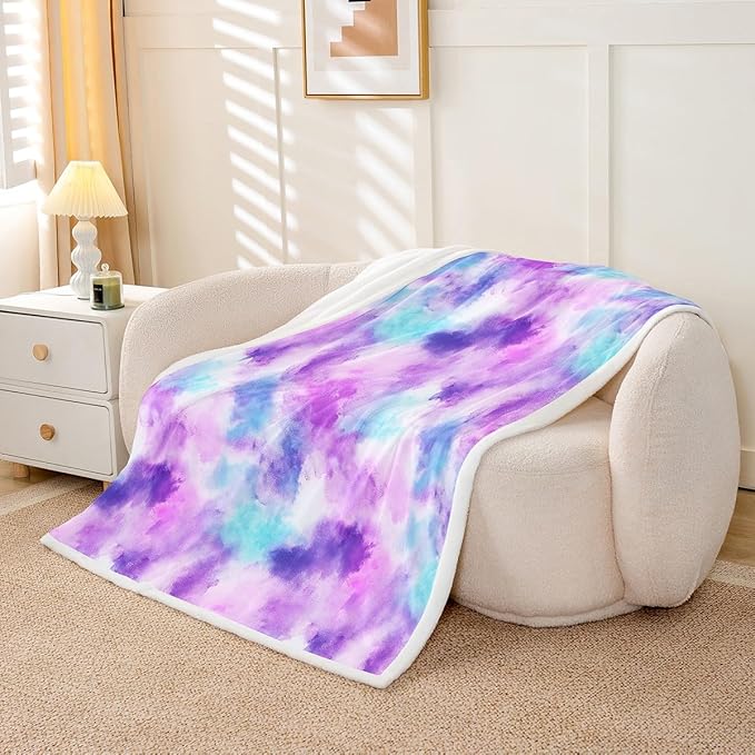 Feelyou Colorful Fleece Throw Blanket 40"x50" Kids Tie Dye Watercolor Sherpa Blanket Plush Fuzzy for Bed Couch Chair Living Room, Dreamy Girly Bed Blanket Room Decor
