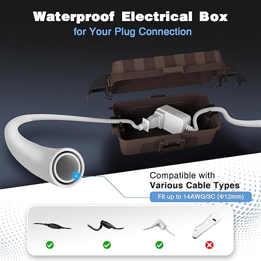 FLEMOON [2 Pack] IP55 Outdoor Electrical Box Waterproof with Detachable Awning Covers, 8.3 x 4.1 x 3.7 inch Weatherproof Extension Cord Cover, Easy Installation for Outdoor Plug, String Lights, Brown