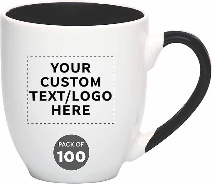Custom Bistro Style Large Coffee Mugs 16 oz. Set of 100, Personalized Bulk Pack - Perfect for Coffee, Tea, Espresso, Hot Cocoa, Other Beverages - Black