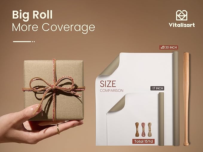 Vitalizart Textured Wrapping Paper Set 17" Roll Twine Ribbons & Tags Extra Thick All-in-One Neutral Tan Kraft Christmas Gift Wrap Birthday Baby Shower Wedding Crafts Vintage Minimalist Housewarming Flower Book