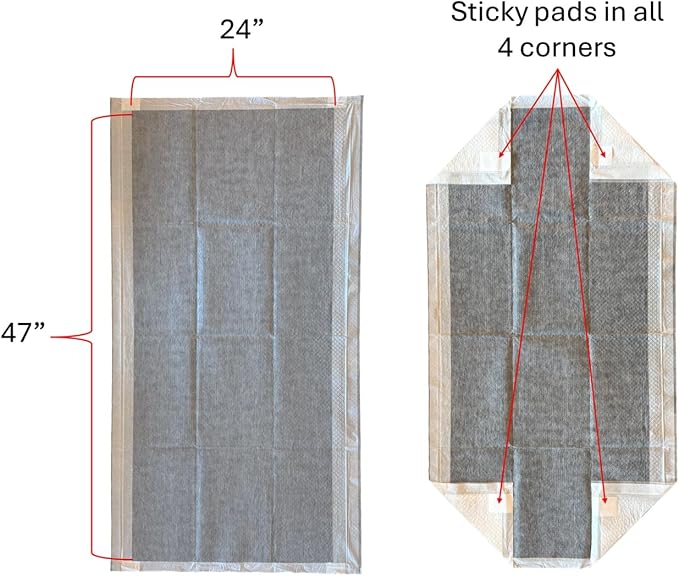 12pk - 47"x24" Disposable Guinea Pig Cage Liner (4'x2') for Midwest, C&C | And Hard Bottom Cages - Bamboo Charcoal Odor Control - 4 Corner Sticky Pads - No SAP for Small Animal Safety