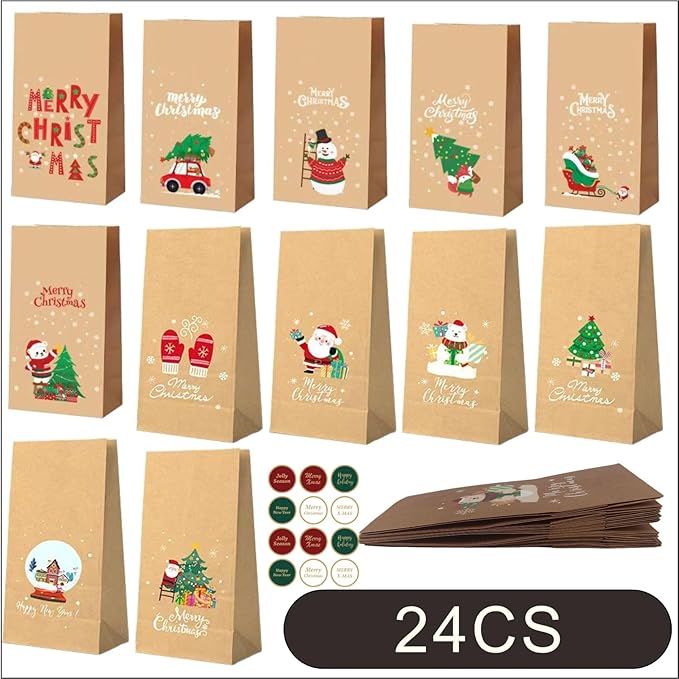 UrLLssMo 24pcs Hand-Illustrated Christmas Gift Bags - Bulk Set of Holiday Party Favor Bags, Eco-Friendly Brown Paper Gift Bags for Decor & Packaging (8.8"x4.8"x3.2")