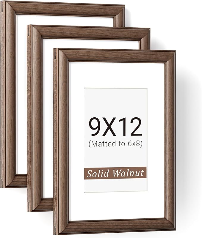Natural Walnut 9x12 Picture Frames Mat to 6x8 Picture Display Set of 3,Original Wood Handcrafted 9x12 Wooden Photo Frame with Tempered Glass Graduation Family Wedding Pictures Tabletop & Wall Decor
