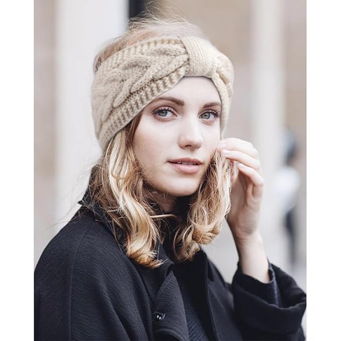 AQOKKA Knit Winter Headbands for Women Fuzzy Wool Fleece Lined Ear Warmers Elastic Turban Crocheted Head Wrap Winter Accessories for Women Cold Weather