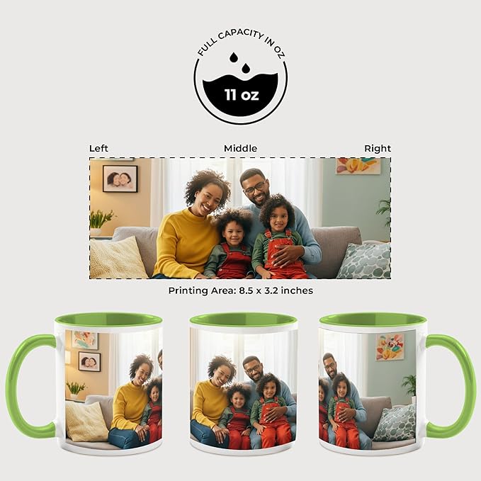 Personalized Mug, Custom Ceramic Mug with Photo and Text, 11oz, Pack of 5, Glossy Coffee Cup, Perfect for Christmas, Secret Santa or as Holiday Gift for Family or Friends, White/Green