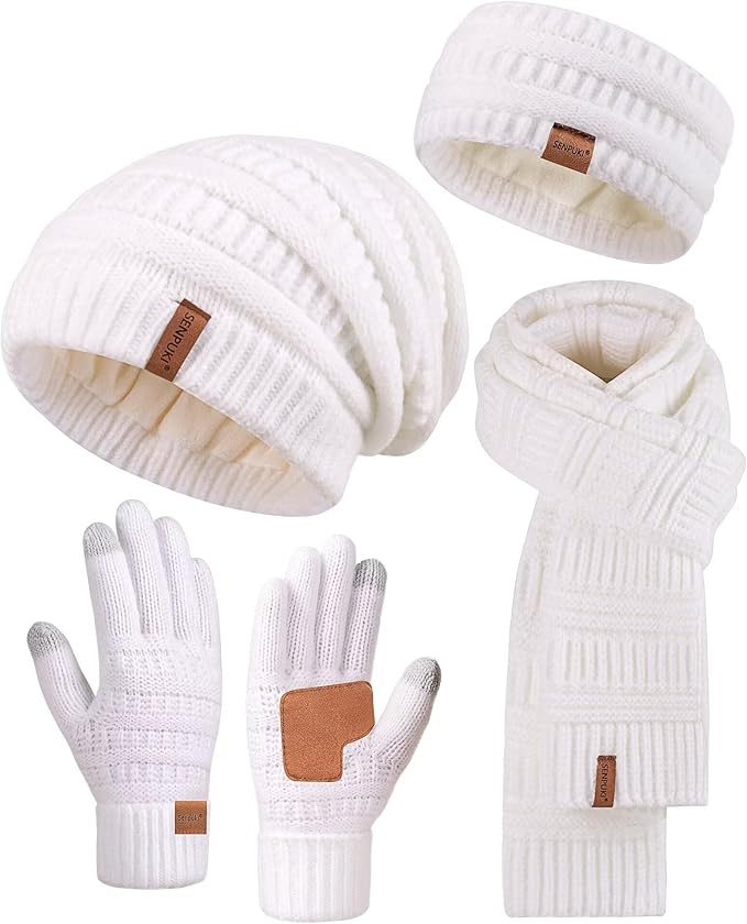 Womens Winter Beanie Hat Scarf Gloves Headband Set, Slouchy Beanie Ear Warmer Knit Scarf Touchscreen Gloves Warm 4 Gift Set