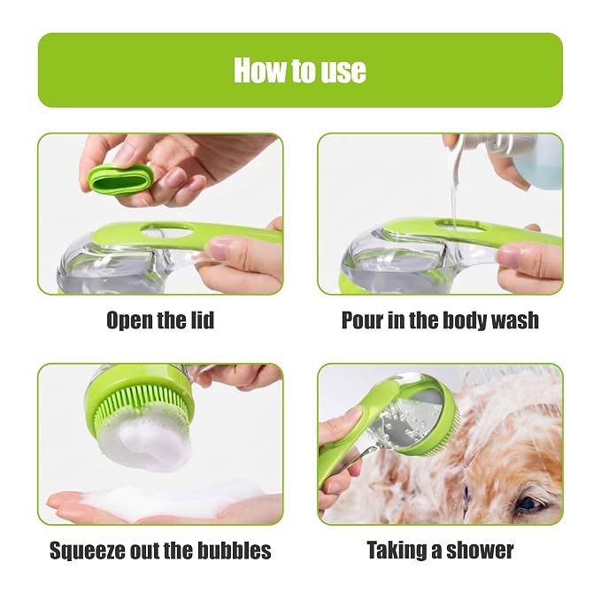 5PC pet grooming bath brush set - silicone massage brush with shampoo dispenser - suitable for dogs and cats for bathing, removing loose hair, and oral cleaning (green)