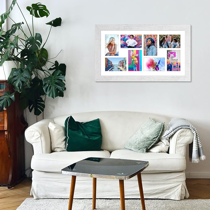 11.8x21.8 Picture Frame Display 8 opening 4X6 Picture Frame Collage,Multi Photo Frame with Mat,Plexiglass,Wall or Tabletop Decor,Distressed White Wood Grain