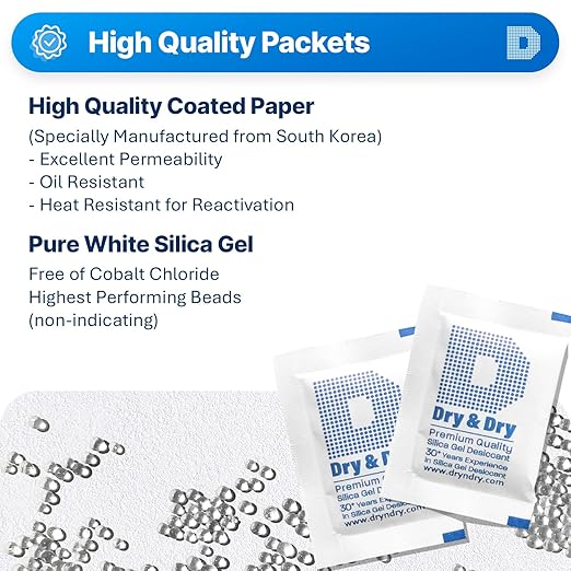 Dry & Dry Silica Gel Packets Silica Gel Desiccants - Rechargeable (Food Safe) Silica Gel Packs - White - 200 Packets (5 Gram)