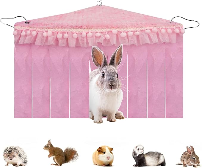 Lace Trim Guinea Pig Corner Hideout, Fleece Forest Cage Accessories, Pet Corner Hideaway for Guinea Pigs, Rabbits, Ferrets, Chinchillas, Hedgehogs (Pink)