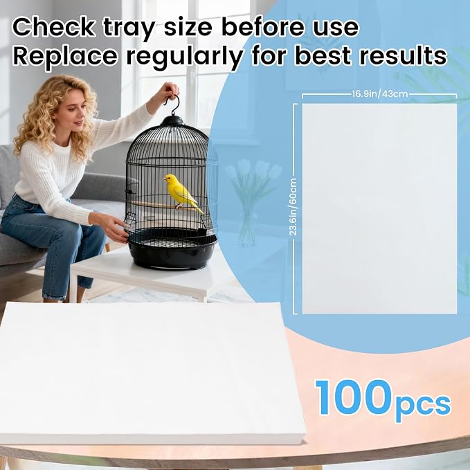 23.6x16.9in Bird Cage Liners,100 Sheets Pre-Cut Cage Tray Pads | Disposable Absorbent Non-woven Pads Absorb Moisture and Collect Feathers for Parrots, Cockatiels, Parakeets and Finches