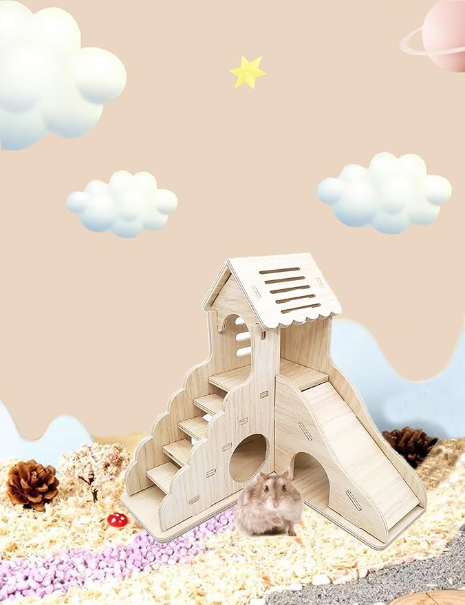 Hamster Hideout Cage Accessories - Hamster House and Habitat Wooden Hide Hut with Climbing Ladder and Slide for Dwarf Gerbils and Mouse Mice Rat Other Small Animals etc.