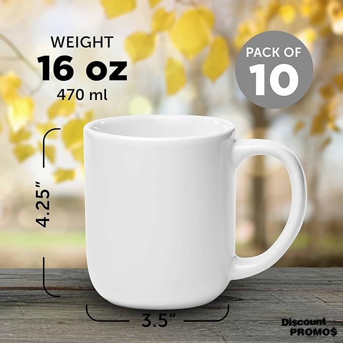 DISCOUNT PROMOS Vibrant Color Glossy Ceramic Mugs 16 oz. Set of 10, Bulk Pack - Perfect for Tea, Espresso, Cappuccino, Hot Cocoa - White